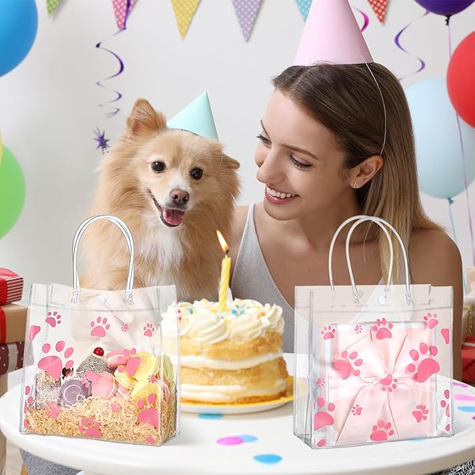 Teling 20 Packs Dog Paw Clear PVC Gift Bags with Handle Reusable Plastic Wrap Tote Bags Transparent for Puppy Pet Treat Party Favor Birthday Wedding Party, 8 x 8 x 3.15 Inch(Pink)