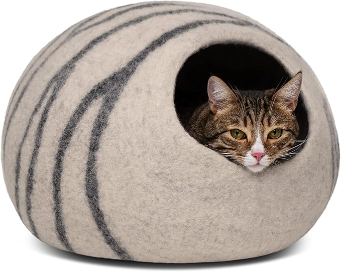 MEOWFIA Cat Cave – Premium Felt Cat Bed for Indoor Cats, Handmade Merino Wool (Light Grey, Large)