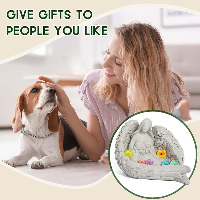 Solar Garden Decor - Memorial for Loss of Dog with Angel Statue, Solar Powered Outdoor Pet Memorial Stone & Dog Remembrance Gift for Backyard, Cemetery Handmade Eco-Resin, 7 LED Lights