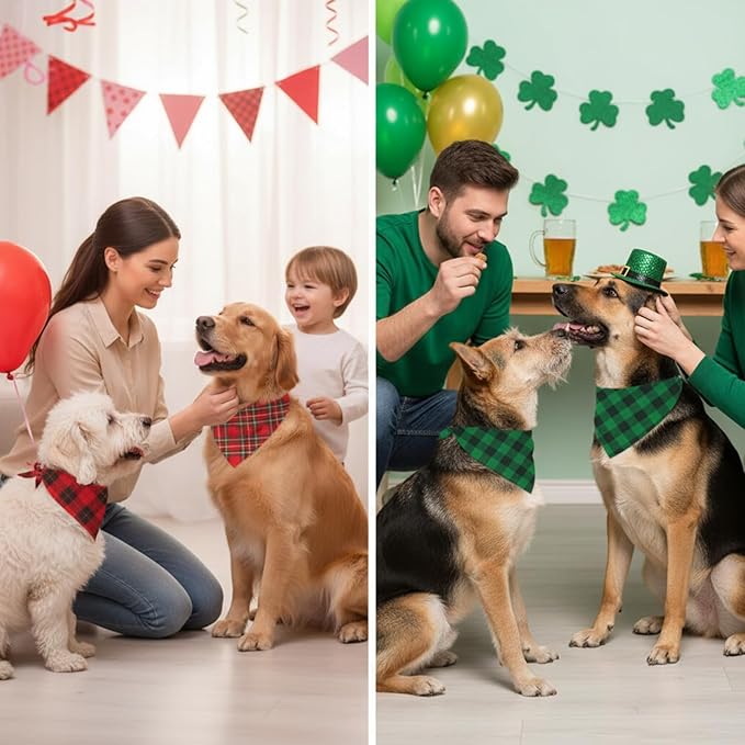 Weewooday 50 Pcs Valentine's & St. Patrick's Day Dog Bandanas Bulk Red & Green Plaid Bandanas for Dogs Soft Triangle Bibs Adjustable Scarf for Small Medium Large Pets(25.6 x 17.7 x 17.7 Inch)
