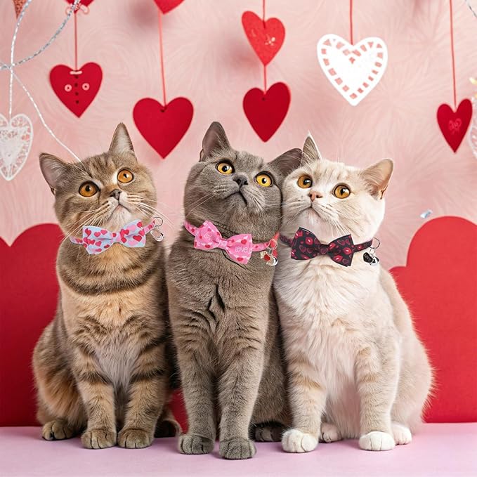 KOOLTAIL Pink Cute Cat Collars Breakaway with Bowtie and Bells, 3 Pack Girl Kitten Collars, Adjustable Safety Buckle Heart Charm Pendant Pet Collars for Kitty Boys Girls Cats Holiday