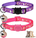 2PCS Breakaway Cat Collars with Bell Cute Kitty Glow in The Dark Adjustable Kitten Collars 7.9-13.0 Inch(Purple&Pink)