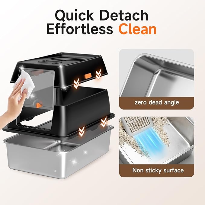 Extra Large Stainless Steel Litter Box with Lid, High Sided Enclosed Metal Cat Litter Pan, Dog Proof Front Entry Top Exit, Odor Control Easy Clean Leak Proof, Includes Mat, Scoop & Step, Black