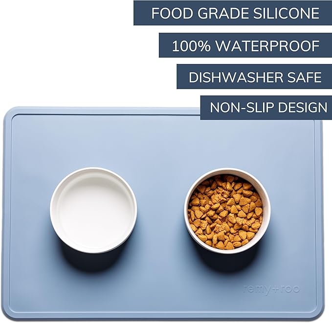 Remy+Roo Dusty Blue Silicone Dog Food Mat for Pet Bowl | 100% Waterproof | Non-Slip | Dishwasher Safe