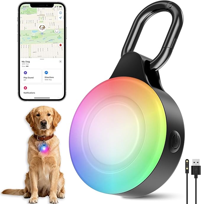 2-in-1 GPS Tracker Dog Light | Smart Tracking Pet LED Light for iOS Only | IP68 Waterproof | 6 Modes Dog Collar Light for Night Walking, Camping | Works with Apple Find My, No Subscription