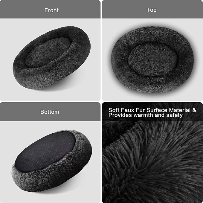 Cat Beds for Indoor Cats - Cat Bed Washable 20/24 inches, Dog Beds for Small Medium Dogs, Anti Anxiety Round Fluffy Plush Faux Fur Cat Bed, Thick Bottom (Dark, Medium)