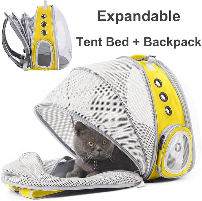 Expandable Cat Backpack Carrier, Fit up to 12 lbs, Space Capsule Astronaut Bubble Window Pet Backpack for Kitten, Bunny, Rabbit and Small Puppy Yellow