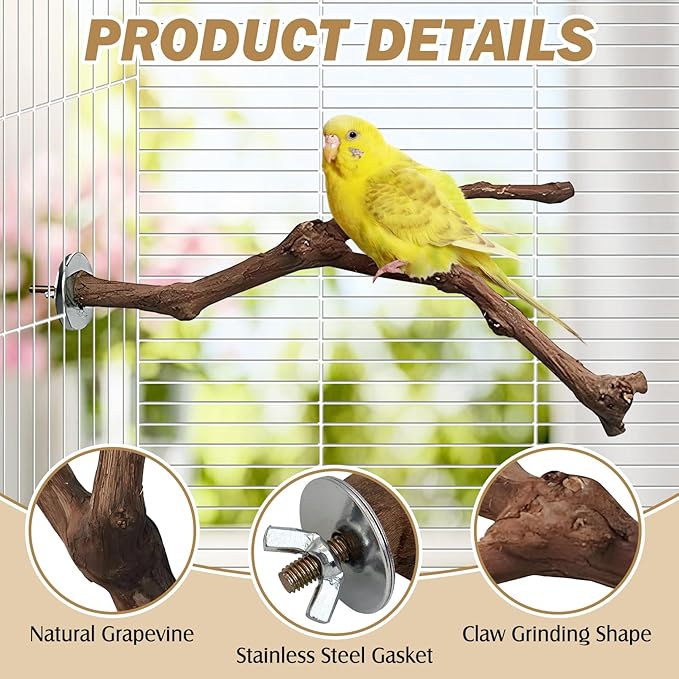 PINVNBY Natural Parrot Perch Grape Wood Bird Stand Pole Parakeet Paw Grinding Fork Chewable Climbing Branches Toy Bird Cage Accessories for Budgies Conures Cockatiels Lovebirds (2 PCS, 7.9IN)