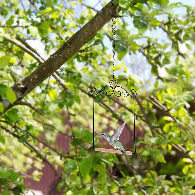 Hotop 2 Pcs Hummingbird Swings and Perches Metal Frame Bird Swing with 2 Replacement Wooden Dowel and 2 Hanging Chain for Outdoor Bird Feeders, Planters, Lanterns Ornaments(Black)