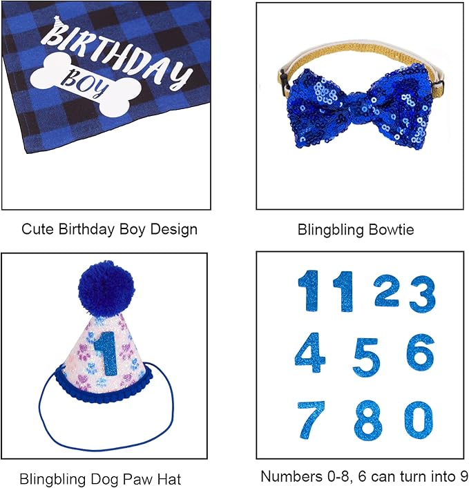 ADOGGYGO Boy Dog Birthday Bandana & Bow Set - Plaid with Numbers, Bling Bling Accents for Small Pets