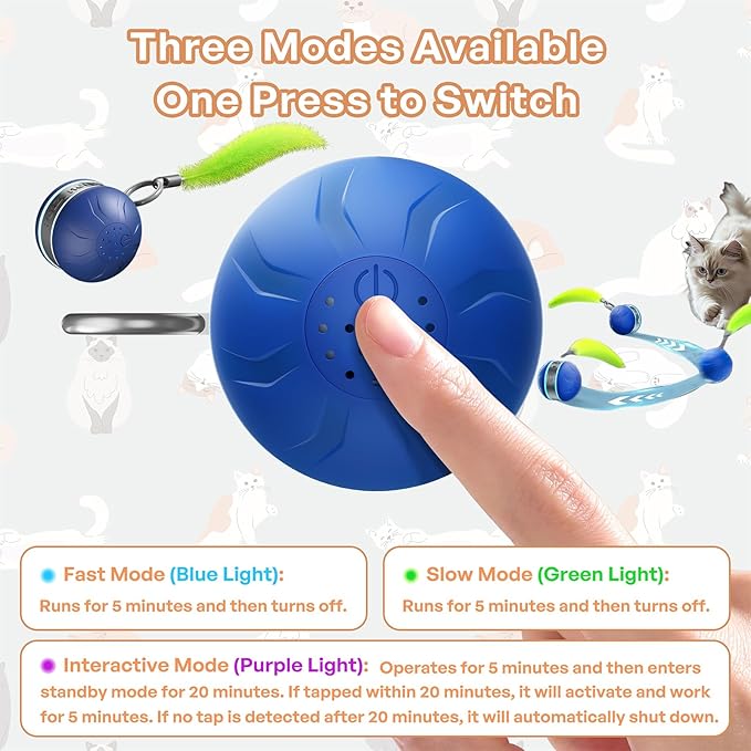 Interactive Cat Toy Ball Automatic Interactive Cat Toys for Indoor Cats with Birdsong 3 Tails 3 Modes Newly Upgraded Speedy 2.0 Tail Cat Toys for Kitten/Small/Medium/Large Cats to Keep Them Busy(Blue)