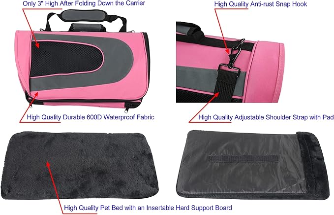 EliteField Deluxe Soft Pet Carrier (3 Year Warranty, Airline Approved), Multiple Sizes and Colors Available (18" L x 10" W x 11" H, Pink+Gray)