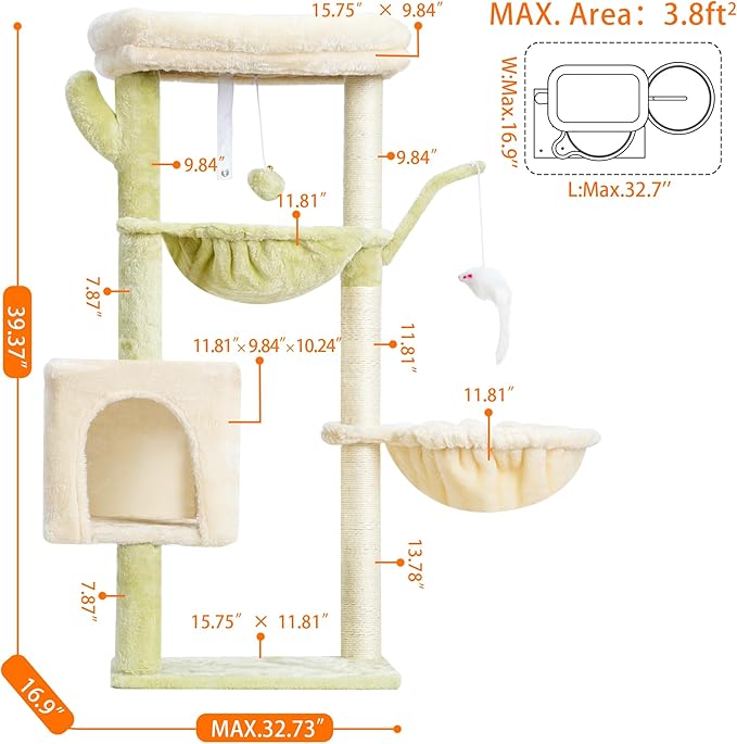 Heybly Cat Tree, 39.4 Inches Tower Condo with Scratching Post, Cat Tower for Indoor Cats, Fully Wrapped Sisal Pole, Soft Platform, 2 Baskets and Dangling Toy, Green and Beige HCT006SGM
