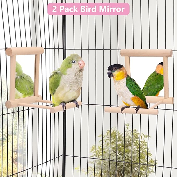 Wontee Bird Mirror Bird Toys for Budgies Parakeets Cockatiels Lovebirds Conures (2pcs-Wood Color)