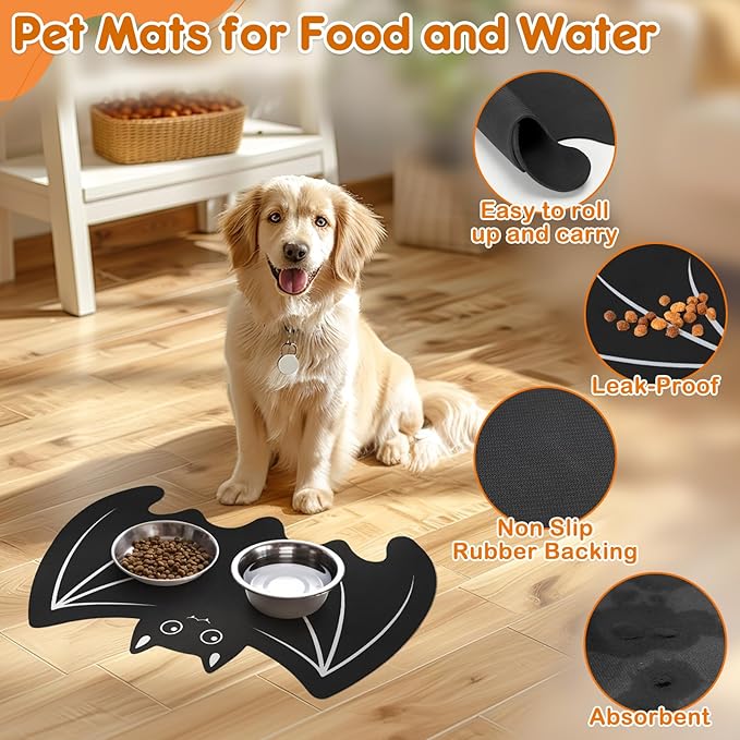 Pet Mats for Food and Water Dog Cat Food Mats Pet Feeding Mat Anti-Slip No Stains Quick Dry Floors Waterproof Placemat Pet Food Bowl Mat Halloween Decorations - 23.6" x 15.7" Bat