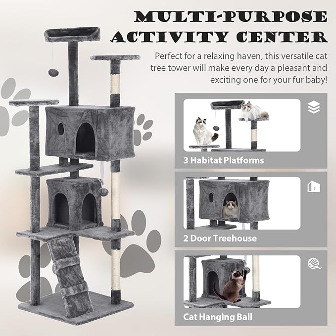 Heavy Duty Cat Tree Tower, 70" Tall Cat Tower for Indoor Cats with Cat Scratching Post with Bed, Cat Condo, Hanging Ball, Multi-Level Cat Climbing Tower Cat Trees Furniture Activity Center, Ashy