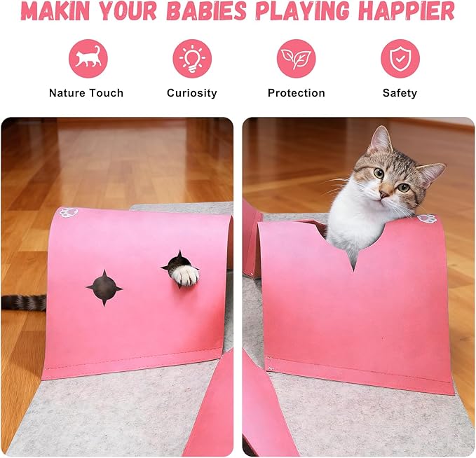 Interactive Cat Tunnel Mat for Indoor Cats, 4-Way Felt Cat Cave with Hanging Ball, Foldable Kitty Play Mat and Hideout, Pet Enrichment Toy for Kittens Rabbits Small Pets, Pink