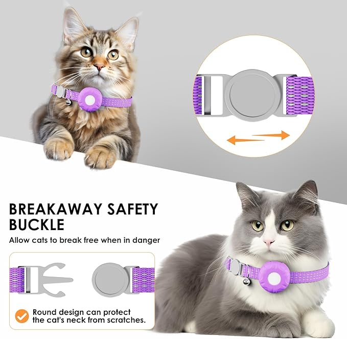 GPS Tracker for Cats, Cat Tracker Compatible with Apple Find My App (Only iOS), No Monthly Fee, Waterproof (White Tracker, Purple Cat Collar)