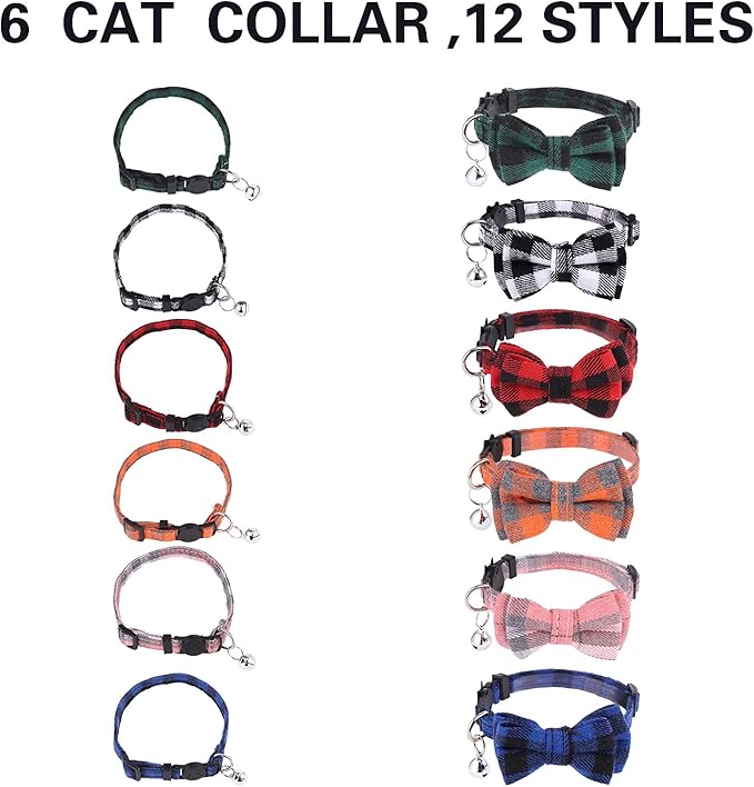 DragonflyDreams 6 PCS Cat Collars with Bow Tie and Bell,Cat Collars Plaid,Breakaway Adjustable Cat Bow Tie Collars,Cute Bow Tie Suitable for Kittens Or Certain Puppies