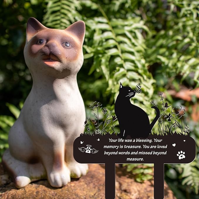 Pet Cat Memorial Grave Markers - Rngmsi Flowers Butterfly Cat Metal Garden Stakes Grave Decorations for Cemetery Pussy Memorial Stones Plaques for Outdoors