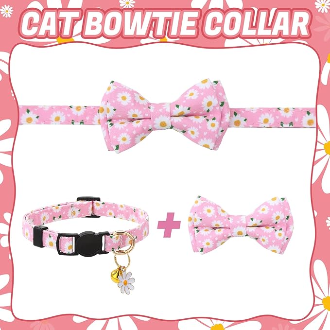 6 Pack Breakaway Cat Collars with Bow Tie and Bell Floral Kitten Cat Collars Adjustable Cat Bowtie Collar with Pendants for Girl Boy Kitten Cats