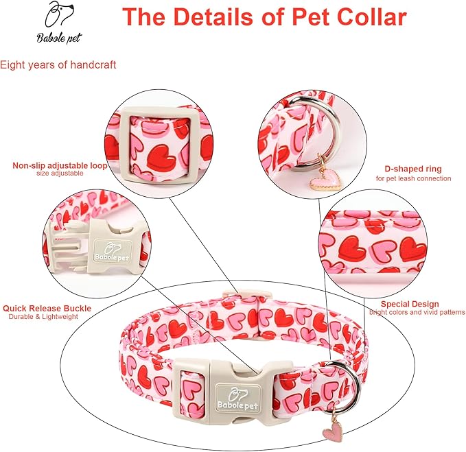 Valentines Dog Collar for Large Dogs - Pink Valentine Hearts Dog Collars, Girly Love Female Dogs Collars, Lightweight Adjustable Cute Puppy Collar with Quick-Release Buckle L