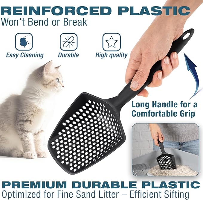 Set of 2 Cat Litter Scoop with Small Holes, Deep Sifting Shovel for Fine Litter, Reptile Terrarium Sand & Rabbit Pooper Lifter, Hanging Handle Poop Scooper (Gray, Set of 2)