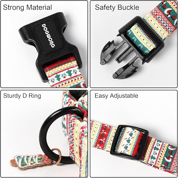 DOGWONG Christma Dog Collar, Classic Cute Red Green Christmas Tree Dog Collar for Boy and Girl Dogs, Strong Plastic Buckle Dog Collars for Large Dogs,XL