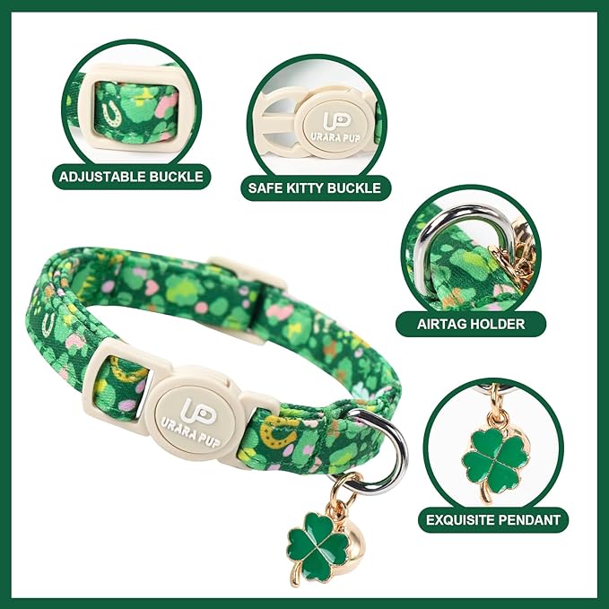 Cat Collar,2Pack St.Patrick's Day Kitten Collars Cute Shamrock Breakaway Kitty Collars,Spring Green Trefoil Cat Collar with Bell, Lucky Clover Kitten Collars for Girl & Boy Cats
