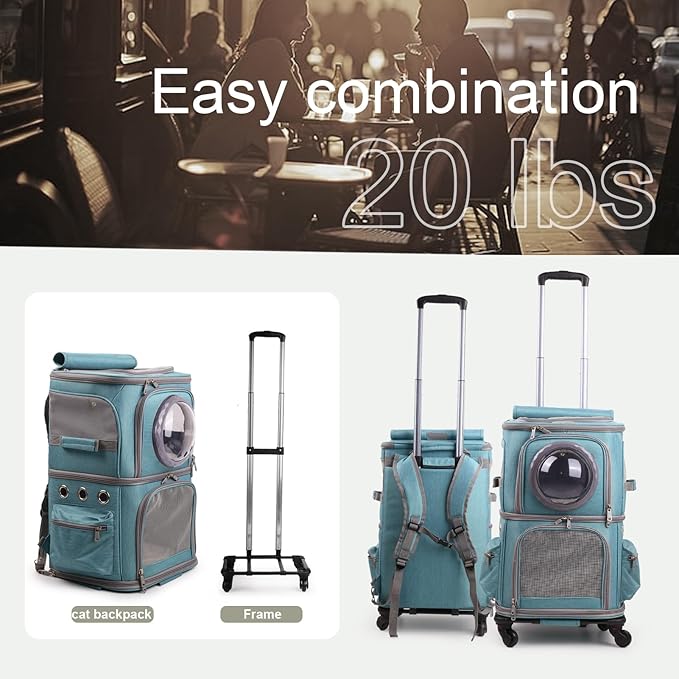 2-in-1 Pet Carrier Backpack for Two Cats or One Dog with Puller & Roller, Green Double Compartments Carry Bag for Large Fat Cat and Puppy Traveling and Hiking, Space Capsule Clear Bubble Dome