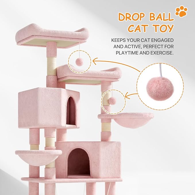 58" Cat Tree Tower for Indoor Cats, Multi-Level Activity Center with Scratching Posts, Hammocks, Top Perch, Dangling Ball & Cat Condo, Soft Pink