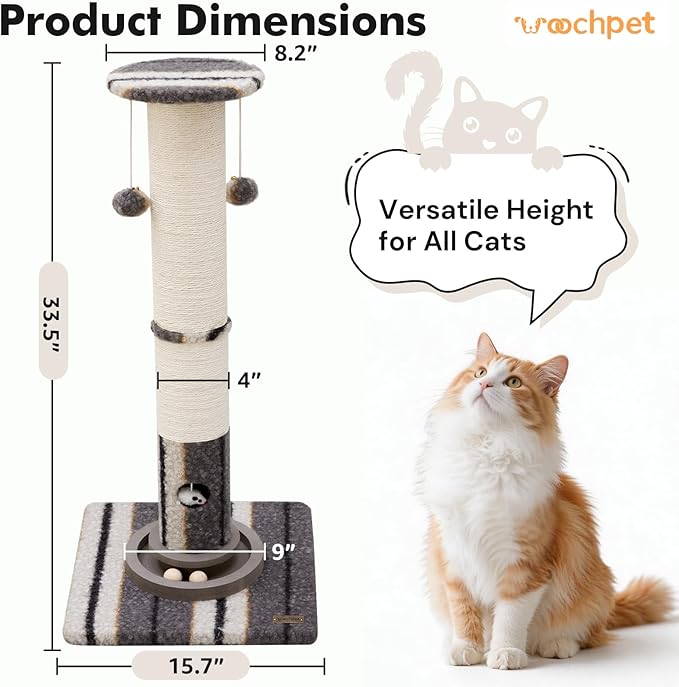 34inches Cat Scratching Post Sisal Cat Scratcher with Cat Ball Track Toy Heavy Duty and Thicker Large Diameter Natural for Adult Cats and Kitty Protect Your Furniture（Grey）