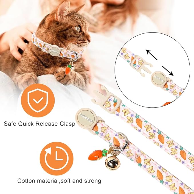 2 Pack Easter Cat Collars,DOGWONG Cute Breakaway Kitty Collars,Blue Bunny Pink Carrot Cat Collar with Bell, Easter Kitten Collars for Girl & Boy Cats