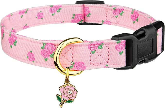 Cotton Handmade Dog Collar Cute and Distinctive Patterns Pink Rose with Pendant for Girl Boy Dogs Collars L
