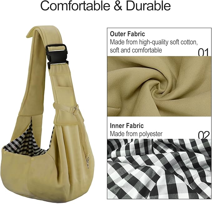 PETLOFT Reversible Dog Cat Sling Carrier, Small Dog Carrier, Adjustable Dog Sling, Hands Free Cross Body Carrier with Collar Hook for Dog/Cat/Bunny up to 11lb(Khaki)