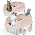 2PACK Stainless Steel Cat Litter Box with High Sides Lid, XL Litter Box for Big Multiple Cats, Extra Large Metal Kitty Litter Boxes with Anti-Leakage Enclosure, Non-Stick,Odorless,Scoop Included