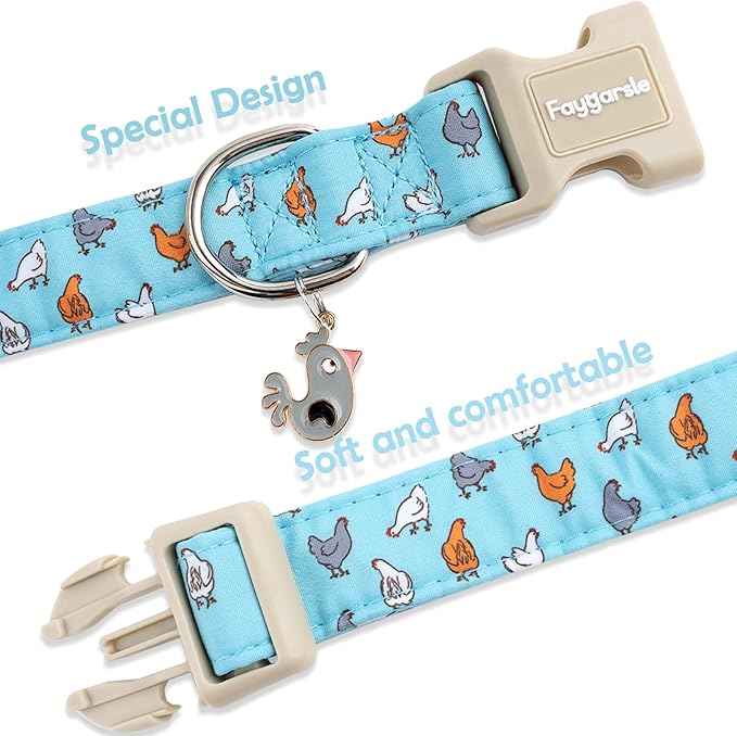 Faygarsle Funny Chicken Pattern Dog Collar, Cotton Fabric, Light Blue with Farm Animal Print for Small Medium Large Dogs S