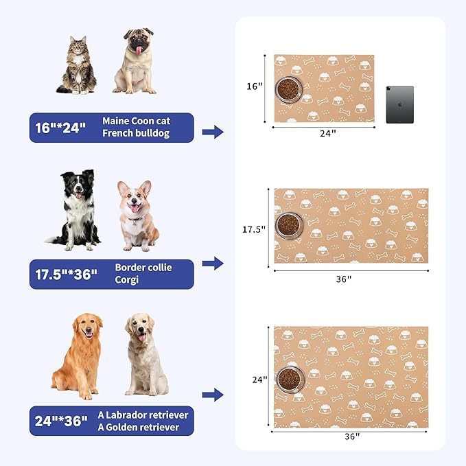 Cooyes Large Dog & Cat Food Mat 17.5"×36", Ultra-Absorbent Dog Bowl Mat for Food and Water, Pet Feeding Mat with Non-Slip Rubber Back, Pet Placemats with Water-Locking Bottom That Protects Floors