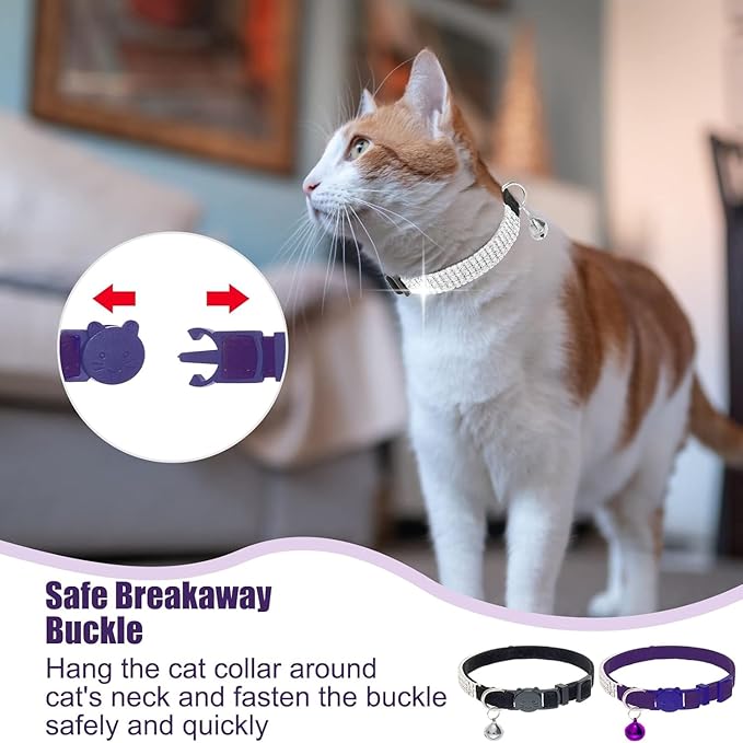 EXPAWLORER Soft Velvet Safe Cat Collars for Girl Cats - Rhinestones Bling Diamante Adjustable Collars Breakaway- Chirstmas Cat Clollar Gifts with Bells for Boy Cats Kitty and Small Dogs