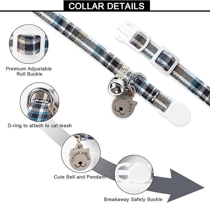 Lionet Paws 2pcs Pack Cotton Cat Collar,Breakaway Buckle with Blue Grid and Brand Pendant Cute Adjustable Cat Kitten Collar,Ideal for Girl Cats Boy Cats