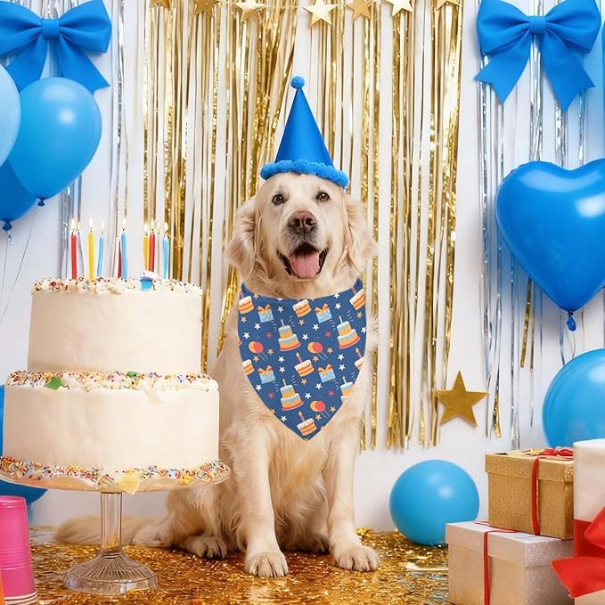 Birthday Dog Bandanas, Reversible Double Side Large Pet Bandanas, Celebration Set, Adjustable Triangle Holiday Scarves for Dogs Girl Boy Pets, Christmas Stocking Stuffers for Dogs