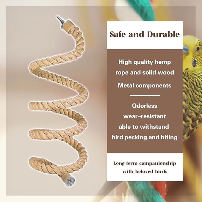 Bird Rope Perch for Parrots,Bird Cage Climbing Rope Toys Accessories,Bendable Climbing,Bendable Natural Jute Boing with Pine Wood and Stainless Steel Mount,Parakeet Lovebirds(4.9 feet Jute)