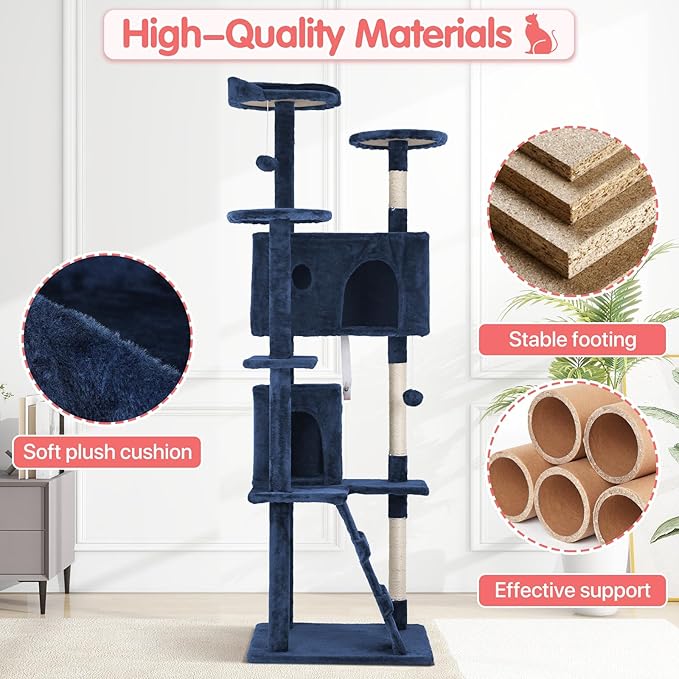 70in Cat Tree Cat Climbing Tower with Scratching Post, Cats House Perch Kitten Tree Condo Wood Playhouse, Pet Trees Tower for Indoor Cats, Navy Blue