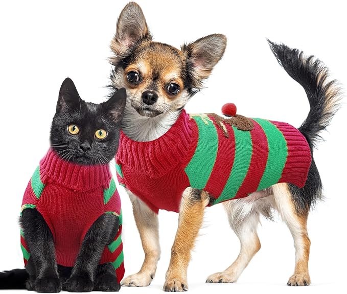 Dog Cat Christmas Sweater Boy Girl Ugly Reindeer Xmas Pet Clothes Holiday Puppy Costume New Year Gifts for Small Medium Large Dogs Outfits (XS, Red Green Stripe Reindeer)