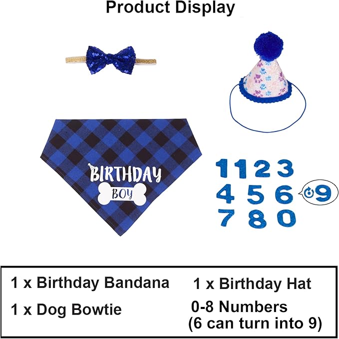 ADOGGYGO Boy Dog Birthday Bandana & Bow Set - Plaid with Numbers, Bling Bling Accents for Small Pets