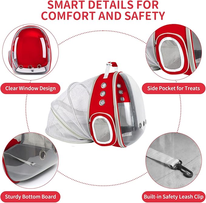 Cat Backpack Carrier, Back Expandable Pet Backpack with Bubble Window, Airline Approved Pet Travel Bag for Small/Medium Cats & Puppies, Hiking, Camping, Outdoor Use (Red)