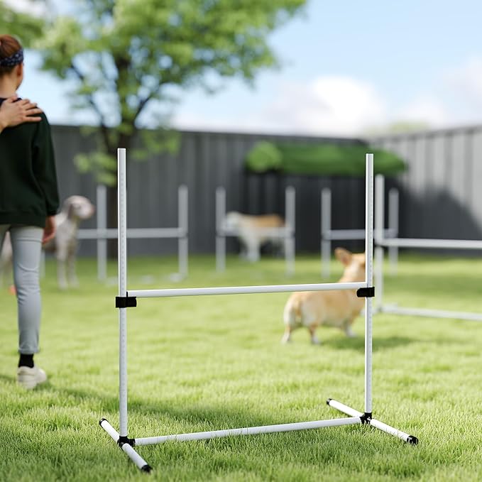 PawHut 6 Piece Dog Agility Training Equipment for Dog Agility Course with Adjustable Height Jump Bars, Included Carry Bag, & Displacing Top Bar, White