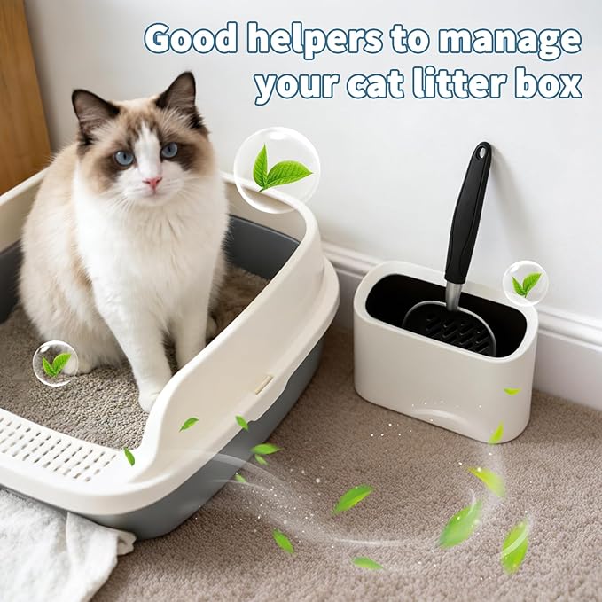 Heavy-Duty Cat Litter Scoop with Holder, Metal Cat Scooper and Detachable Trash Can,Aluminum Kitty Poop Shovel Captures All Clumps,Speed Sifter Litter Box Scooper and Caddy with Lid(White)