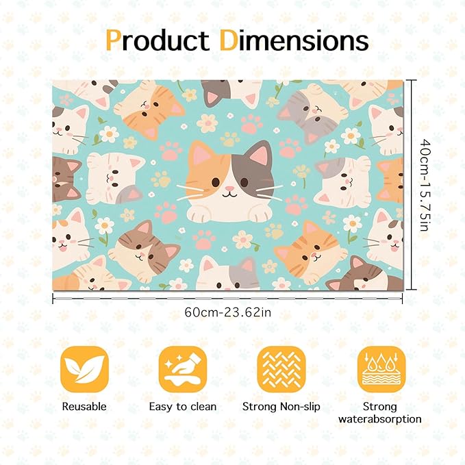 Cat Feeding Mat 24x16 inch Blue Kitten Print Pet Bowl Placemat Non Slip Floor Mat for Food and Water Indoor Kitty Feeding Station Cute Meal Pad for Small Pets Kitchen Use