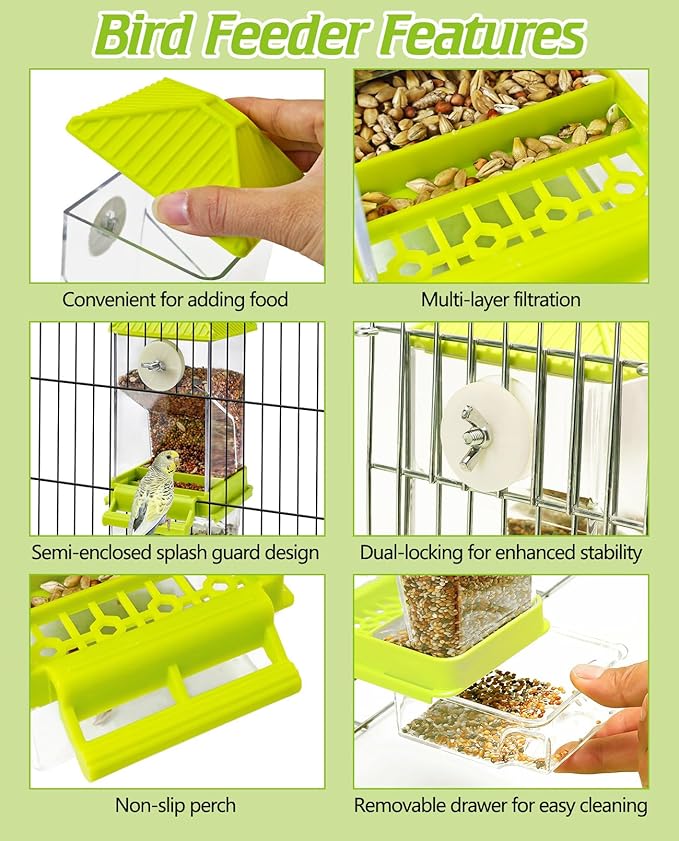 BNOSDM No Mess Automatic Bird Feeder Anti-Splash Bird Feeder Acrylic Transparent Food Container Parrot Cage Accessories for Parakeets Budgies Lovebirds Cockatoos Conures Finches (Green)